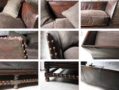 A Comfortable Early 20thC Oak, Leather & Corduroy Upholstered & Studded Sofa c.1915