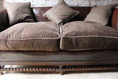 A Comfortable Early 20thC Oak, Leather & Corduroy Upholstered & Studded Sofa c.1915