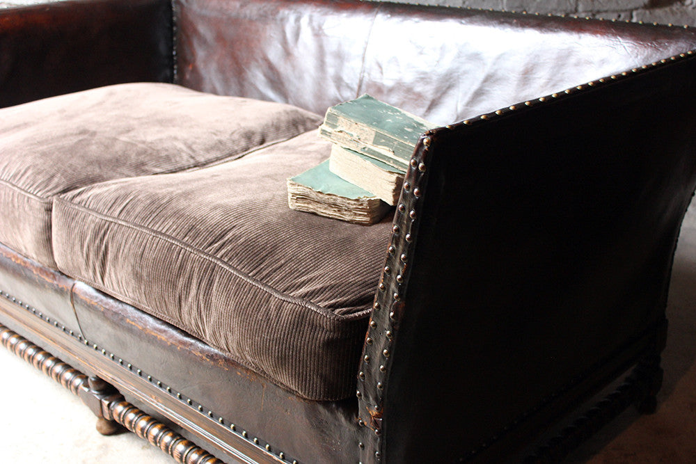 A Comfortable Early 20thC Oak, Leather & Corduroy Upholstered & Studded Sofa c.1915