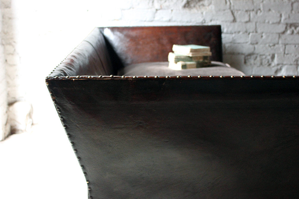 A Comfortable Early 20thC Oak, Leather & Corduroy Upholstered & Studded Sofa c.1915