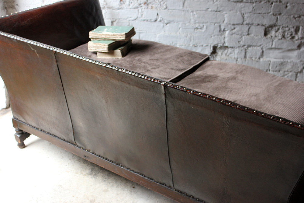 A Comfortable Early 20thC Oak, Leather & Corduroy Upholstered & Studded Sofa c.1915
