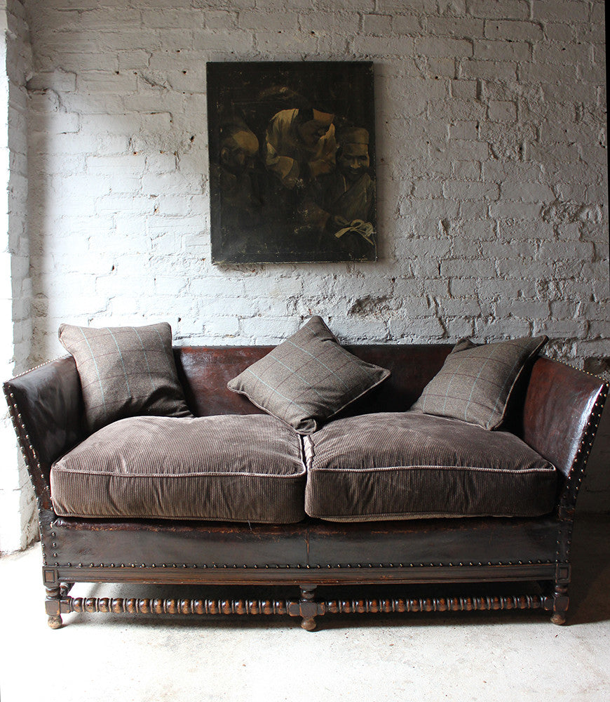 A Comfortable Early 20thC Oak, Leather & Corduroy Upholstered & Studded Sofa c.1915