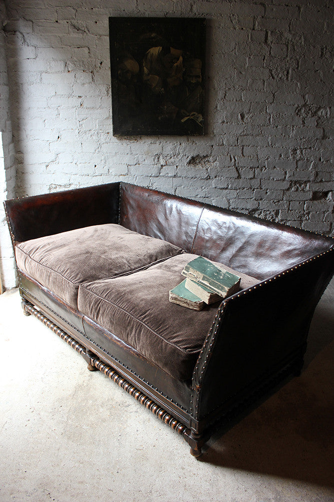 A Comfortable Early 20thC Oak, Leather & Corduroy Upholstered & Studded Sofa c.1915