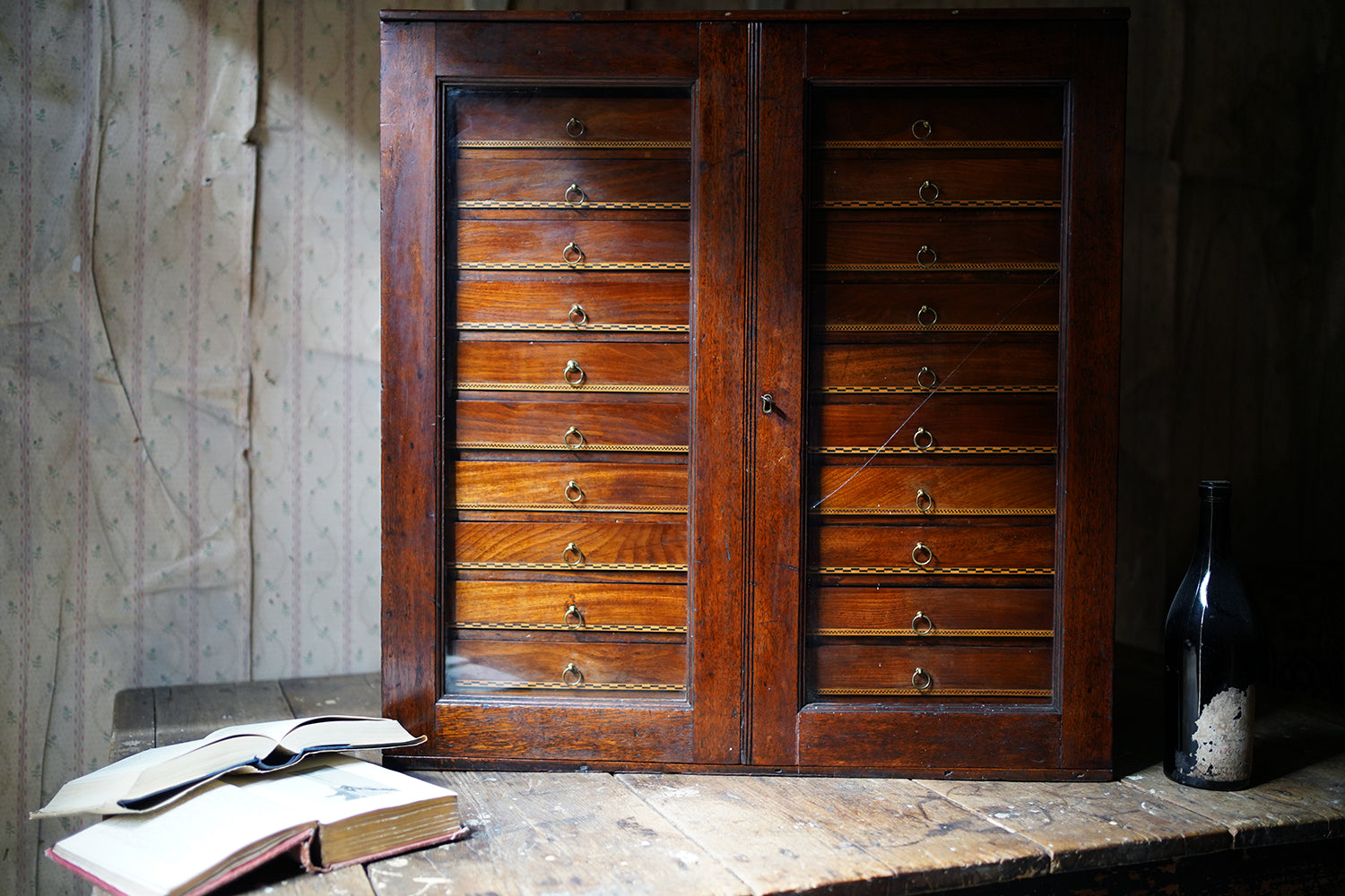 A Fine 24-Drawer Mahogany, Oak & Parquetry Inlaid Lepidopterist's Collector Cabinet c.1870