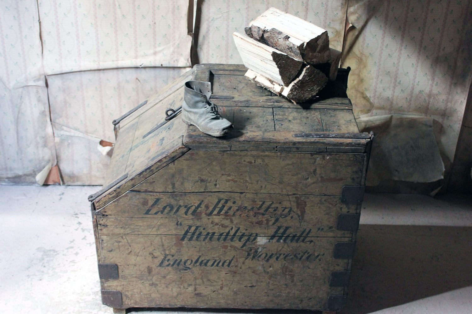 A 19thC Painted Pine Estate Made Trunk; Lord Hindlip, Hindlip Hall, Worcester, England
