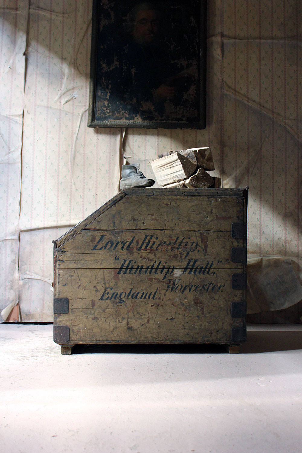 A 19thC Painted Pine Estate Made Trunk; Lord Hindlip, Hindlip Hall, Worcester, England