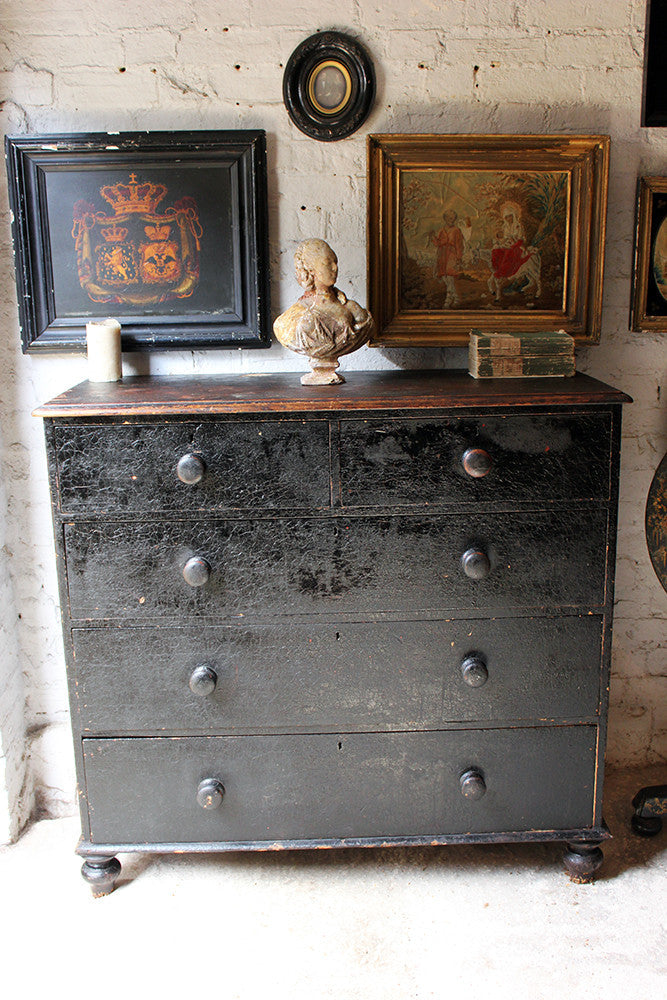 A Fabulous Large c.1850 Black Painted Pine Chest of Drawers