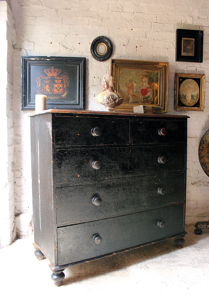 A Fabulous Large c.1850 Black Painted Pine Chest of Drawers