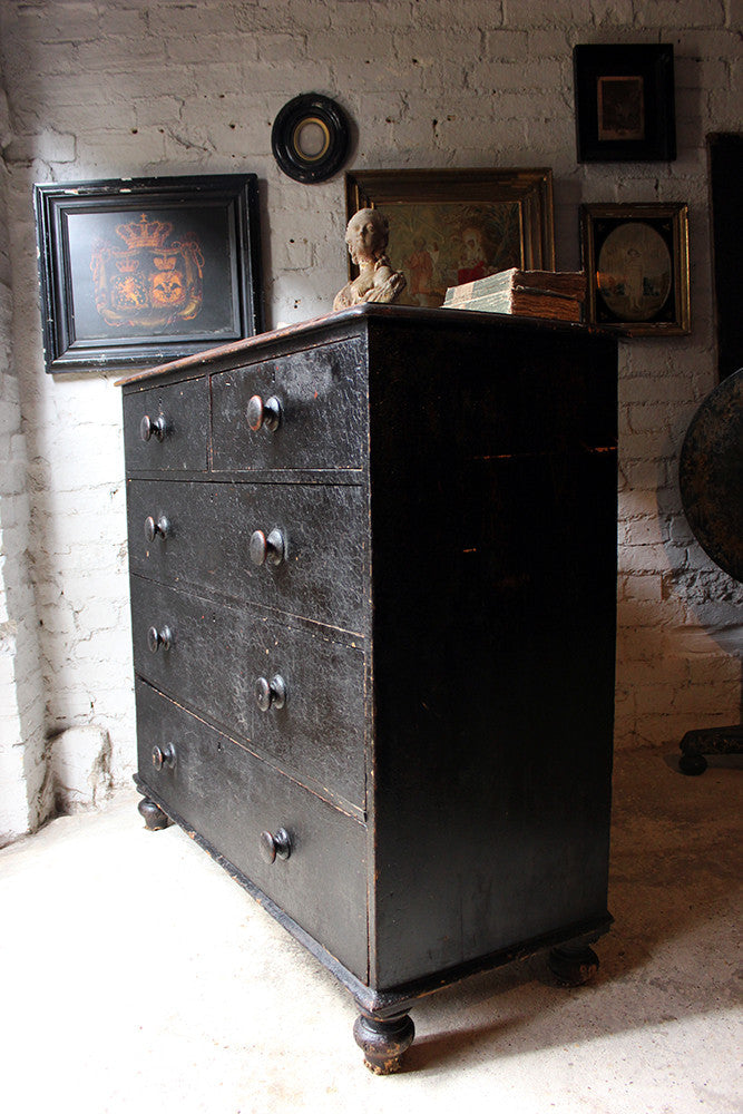 A Fabulous Large c.1850 Black Painted Pine Chest of Drawers