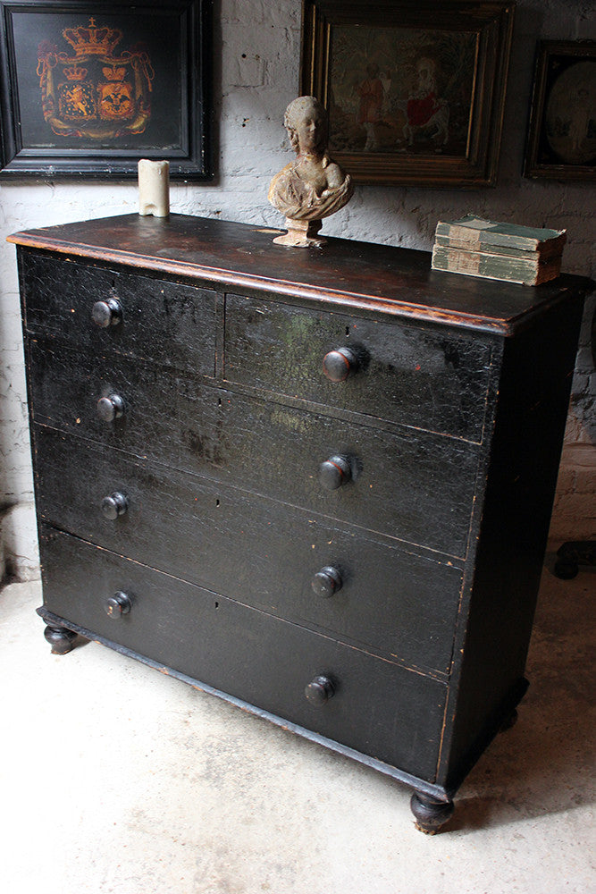 A Fabulous Large c.1850 Black Painted Pine Chest of Drawers