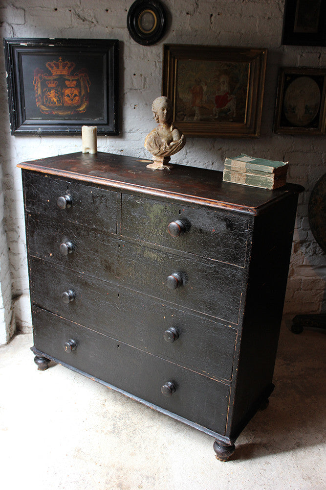 A Fabulous Large c.1850 Black Painted Pine Chest of Drawers