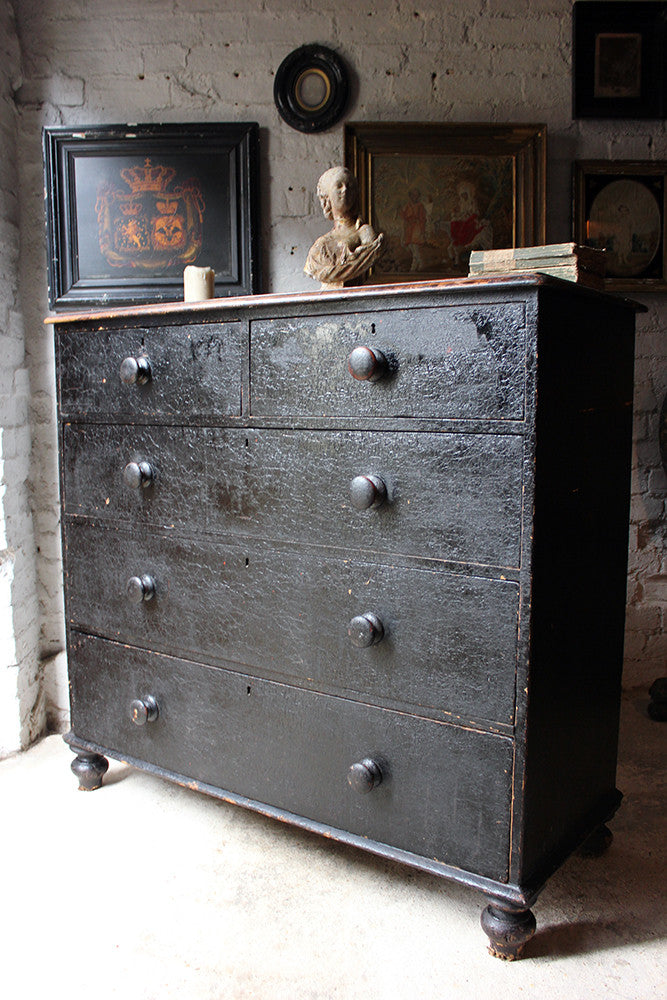 A Fabulous Large c.1850 Black Painted Pine Chest of Drawers