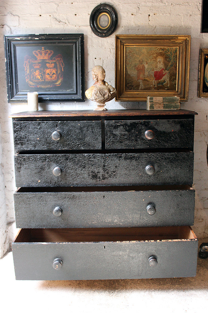 A Fabulous Large c.1850 Black Painted Pine Chest of Drawers