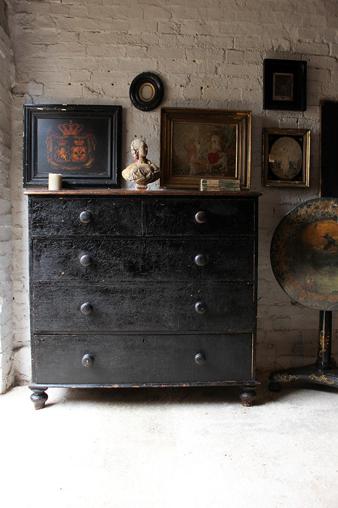 A Fabulous Large c.1850 Black Painted Pine Chest of Drawers