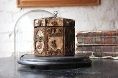 A Distressed George III Rolled Paper Filigree Octagonal Tea Caddy Under a 19thC Glass Dome