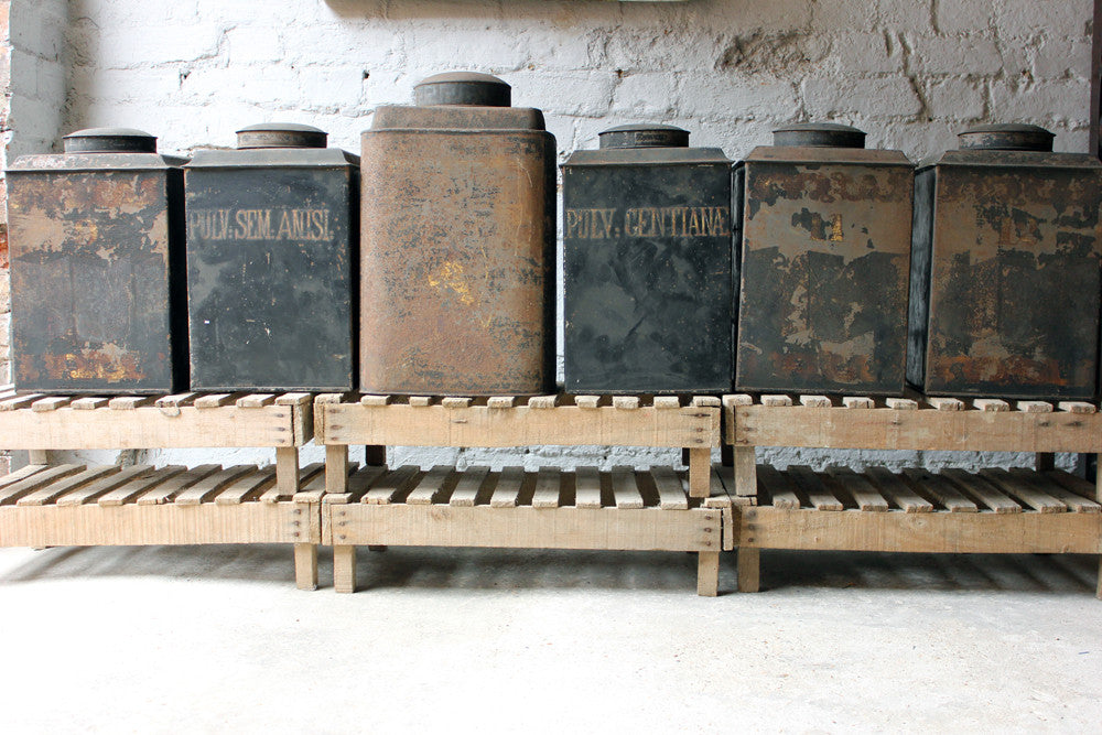 A Decorative Set of Five 19thC Black-Painted Toleware Apothecary Canisters