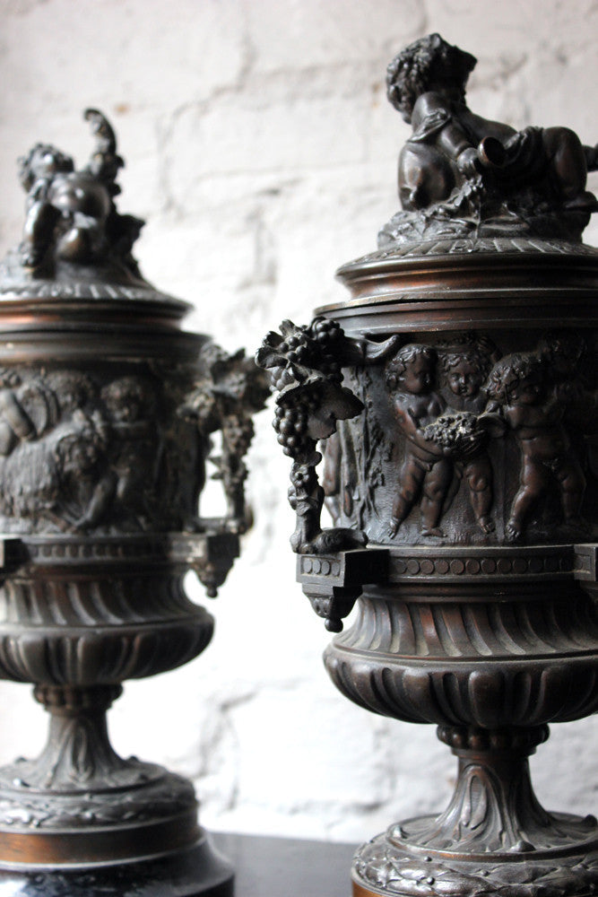 A Good Pair of Napoleon III Bronze Urns with Covers After Claude Michel Clodion c.1870