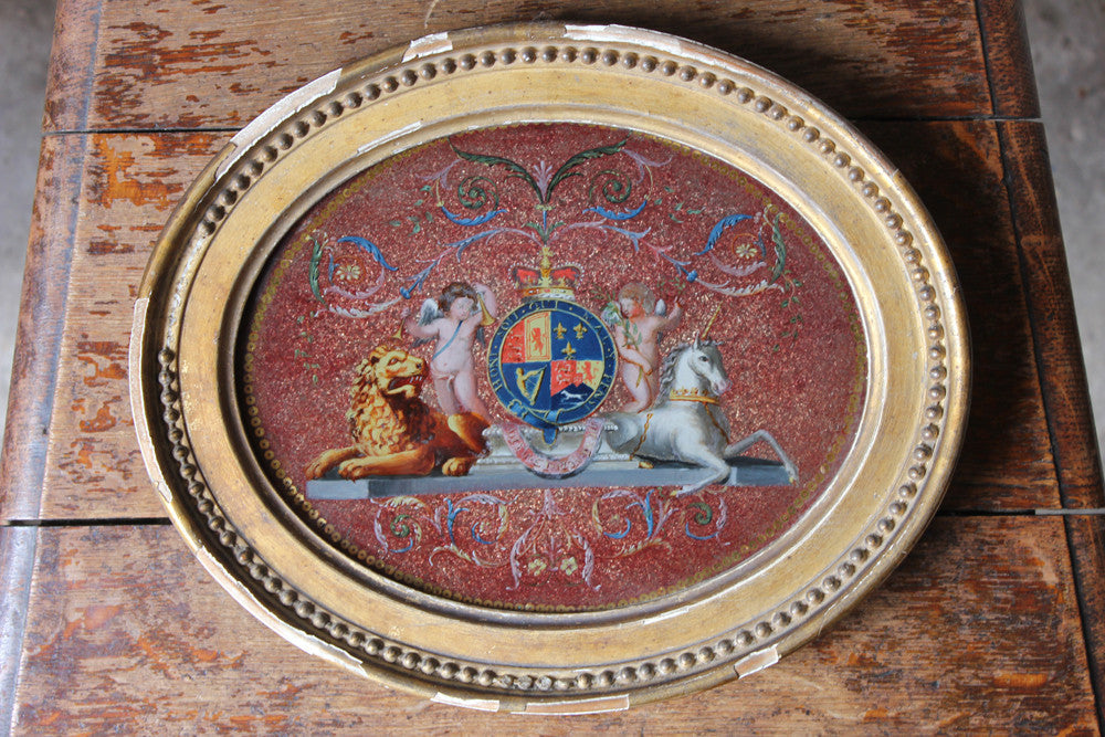 A Fine Mid 18thC Period Reverse Glass Picture of the Royal Coat of Arms