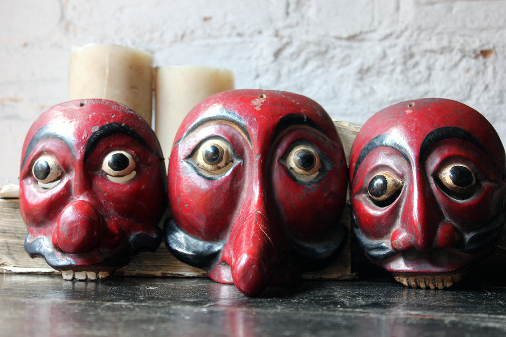 A Decorative Set of Three Early 20thC Indonesian Carved & Painted Hardwood Topeng Theatre Masks