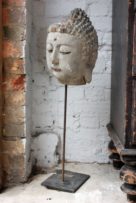 A Decorative 18thC Carved & Polychrome Painted Chen Sen Head of Buddha on Stand