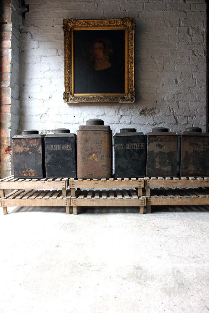 A Decorative Set of Five 19thC Black-Painted Toleware Apothecary Canisters