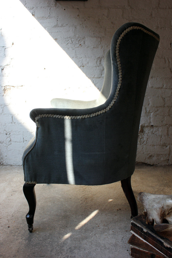 A Good 19thC Powder Blue Velvet Wingback Armchair c.1880