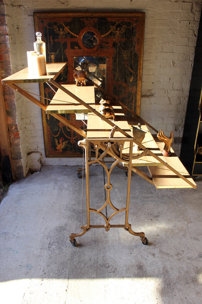 A Good Set of Cast-Iron & Pine Shop Display Metamorphic Table Shelves