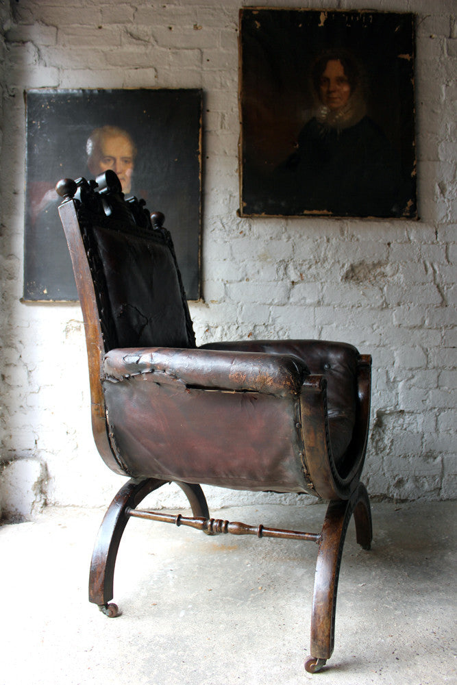 A Good 19thC Carved Oak & Leather Upholstered Savonarola Armchair