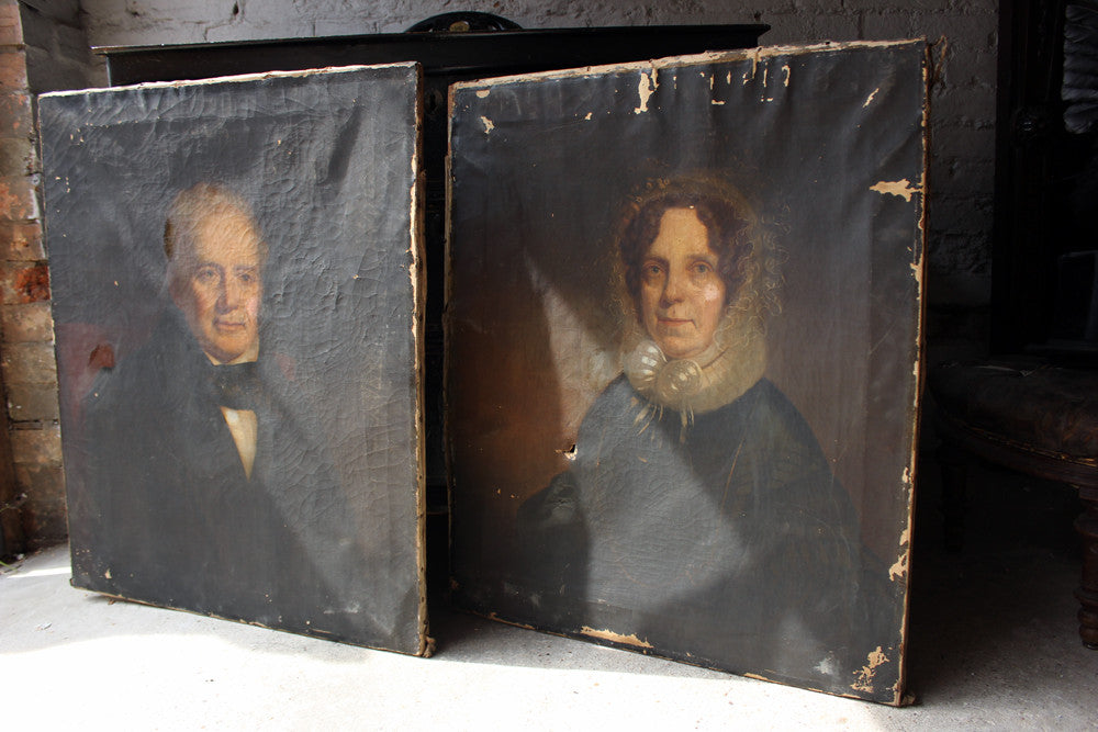 A Good Pair of c.1870 English School Provincial Oil on Canvas Portraits of a Gentleman & His Wife