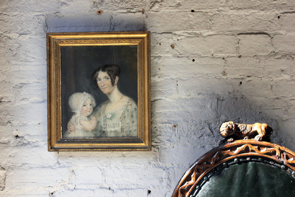 A Good c.1830s Provincial English School Pastel Portrait of a Mother & Child