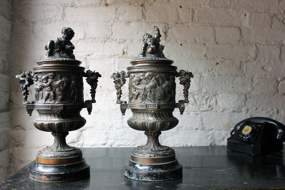 A Good Pair of Napoleon III Bronze Urns with Covers After Claude Michel Clodion c.1870