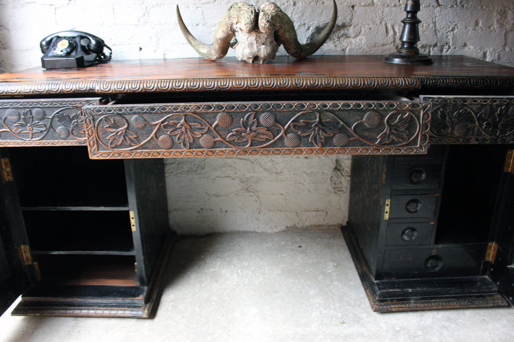 A Good Mid-19thC Anglo-Indian Carved & Ebonised Pedestal Sideboard From Devizes Castle, Wiltshire, England