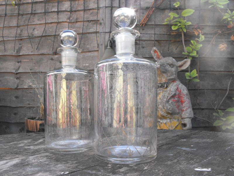 A Fine Pair of Late 19thC Glass Apothecary Bottles with Gilt Decoration