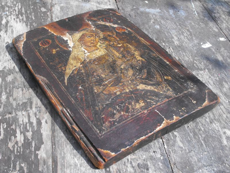 A Fine Russian School Oil & Tempera Gilt Eleusa Icon Panel of The Madonna & Child