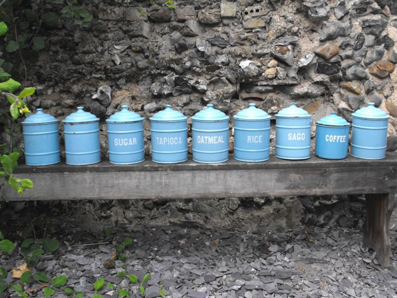 A Good Set of Nine Vintage Enamel Kitchen Storage Canisters