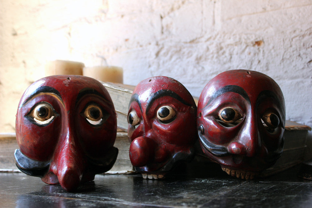 A Decorative Set of Three Early 20thC Indonesian Carved & Painted Hardwood Topeng Theatre Masks