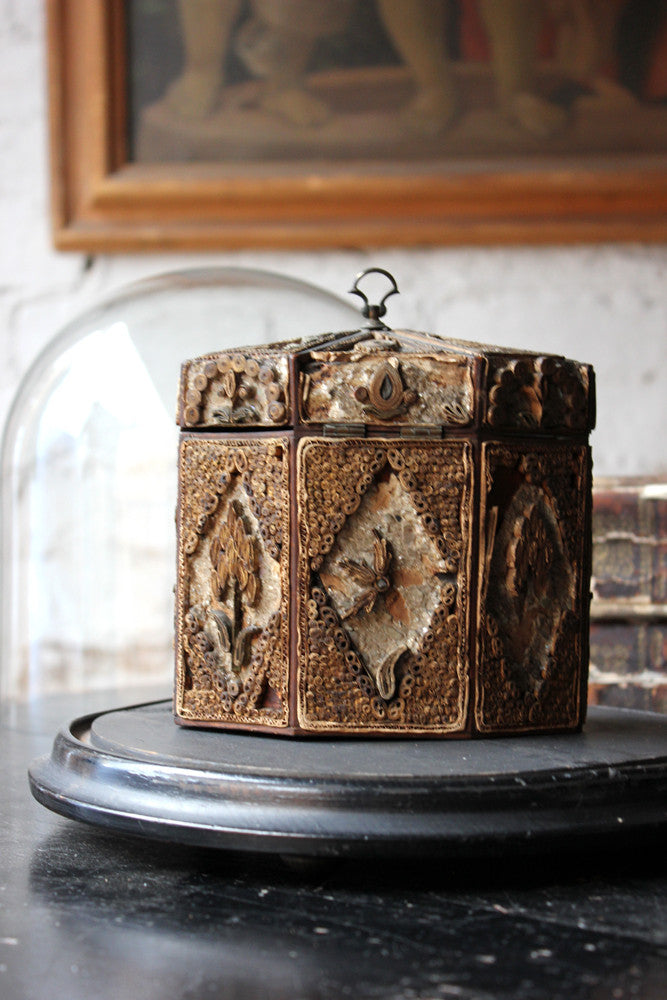 A Distressed George III Rolled Paper Filigree Octagonal Tea Caddy Under a 19thC Glass Dome