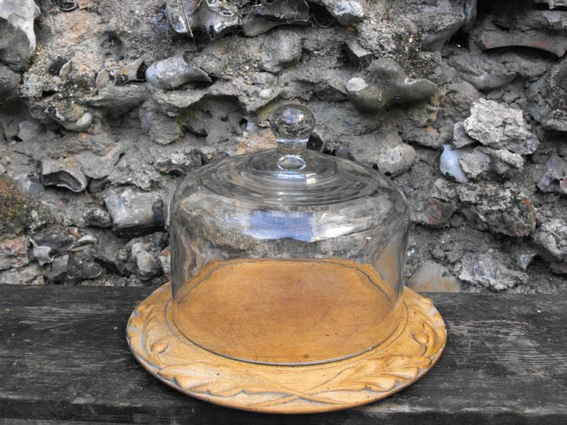 A Good 19thC Sycamore Carved Bread Board with Motto 'Waste Not' & Associated Glass Dome Cover
