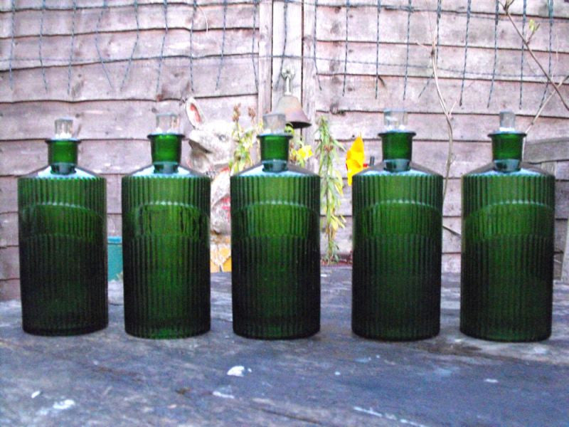 A Good Quintet of Late 19thC Fluted Green Glass Apothecary Bottles