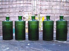A Good Quintet of Late 19thC Fluted Green Glass Apothecary Bottles