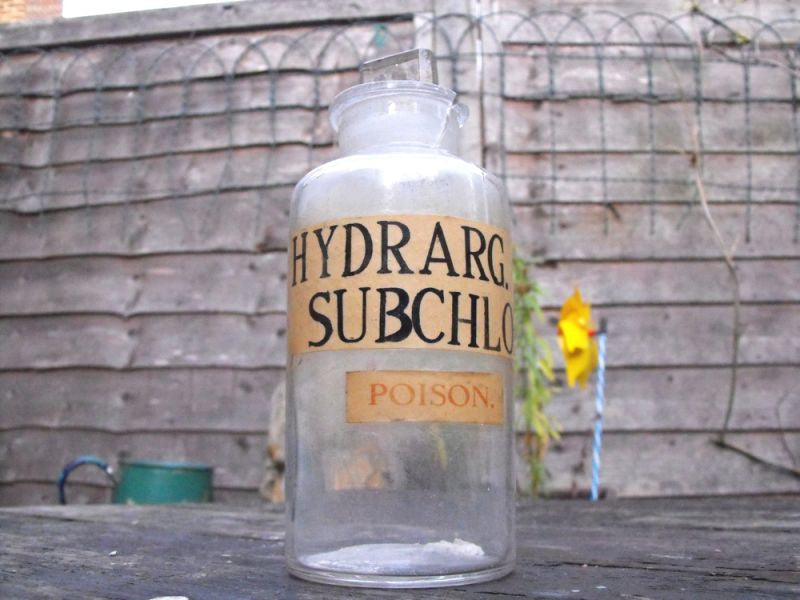 A Decorative Late 19thC Glass Apothecary Poison Bottle for Sub-Chloride of Mercury
