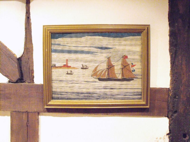 A Charming 19thC Sailor's Woolwork Picture Of A Two Masted Ship