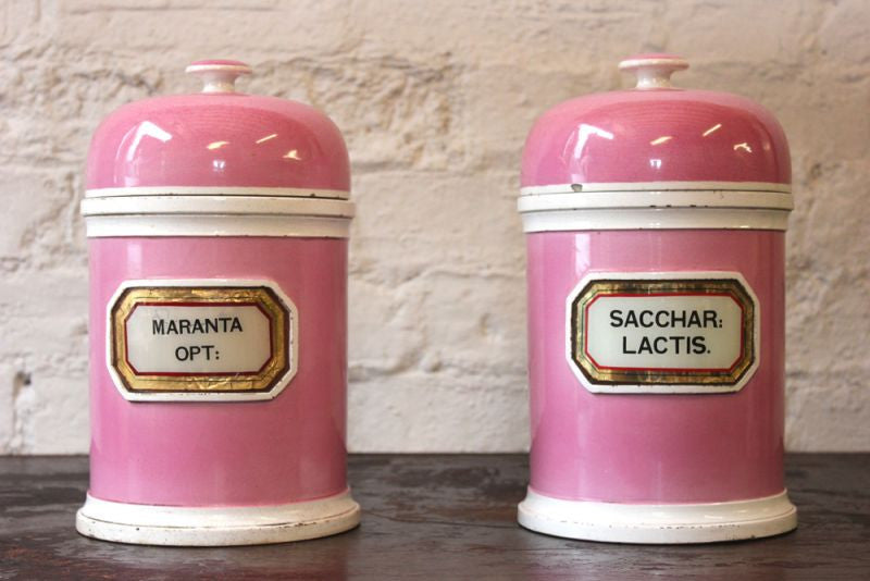 A Fabulous Pair of 19thC Porcelain LUG Apothecary Jars for Lactose Sugar & Arrowroot by the York Glass Company