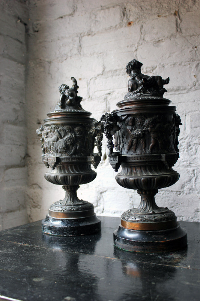 A Good Pair of Napoleon III Bronze Urns with Covers After Claude Michel Clodion c.1870