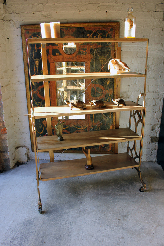 A Good Set of Cast-Iron & Pine Shop Display Metamorphic Table Shelves