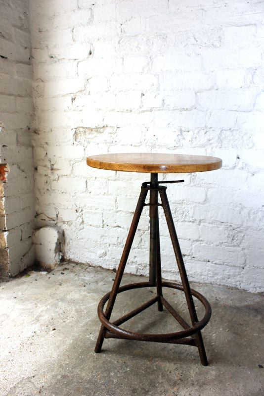 A Good Adjustable Mid 20thC Cast Iron & Pine Industrial Stool / Side Table