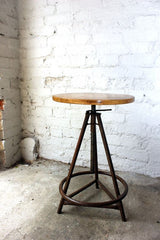 A Good Adjustable Mid 20thC Cast Iron & Pine Industrial Stool / Side Table