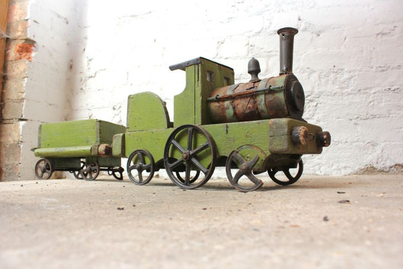 A Charming Early 20thC Primitive Wooden Model of a Victorian Locomotive Train With Tender