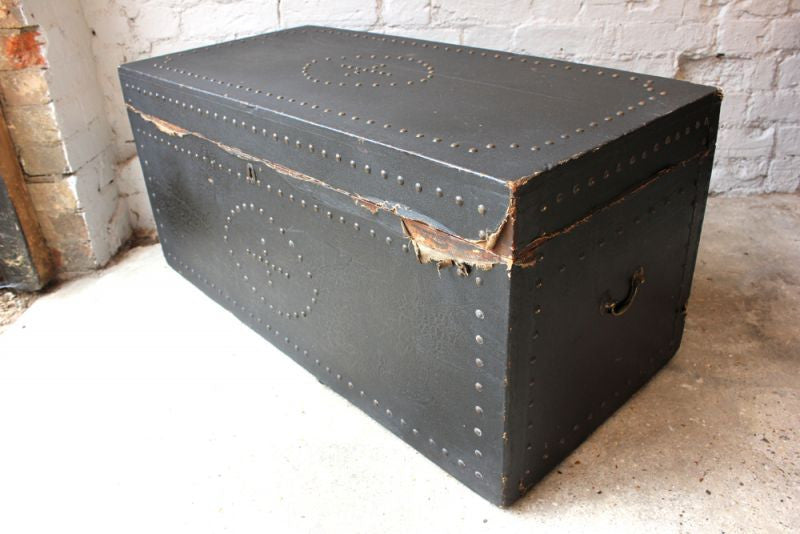A c.1900 Pine and Ebony Canvas Gothic Studwork Travelling Trunk