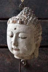 A Decorative 18thC Carved & Polychrome Painted Chen Sen Head of Buddha on Stand